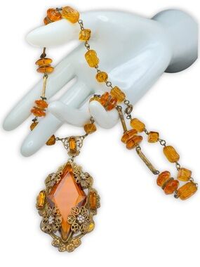 Vintage Art Deco Topaz Czech Glass & Brass Filigree Drop Necklace